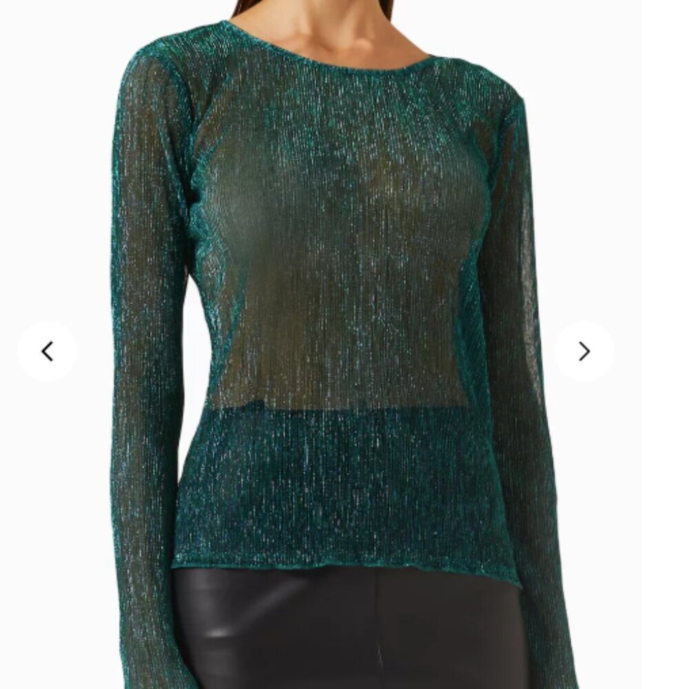 MINKPINK NWT Green Sheer Long Sleeve Shirt Blouse Metallic Shimmer Astrid Top